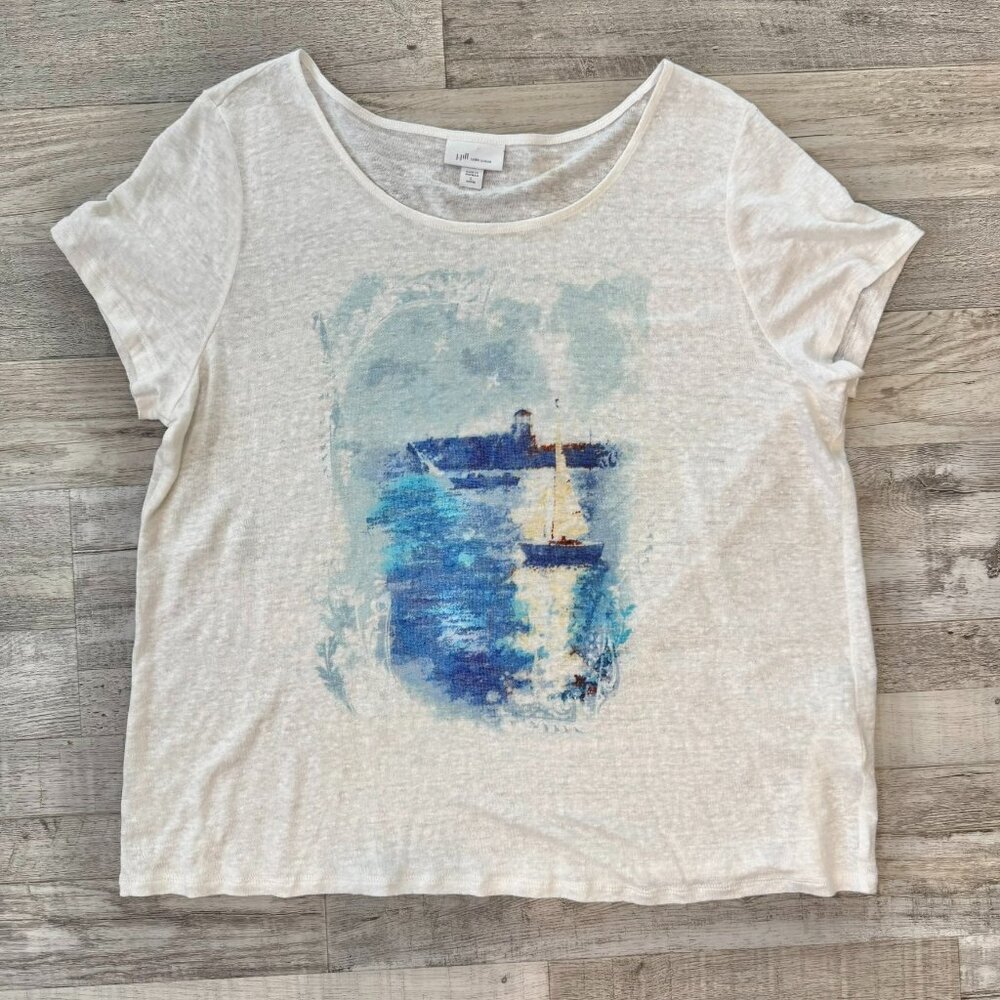 J Jill Love Linen white top sailboat graphic semi sheer large petite G29 - Picture 1 of 6